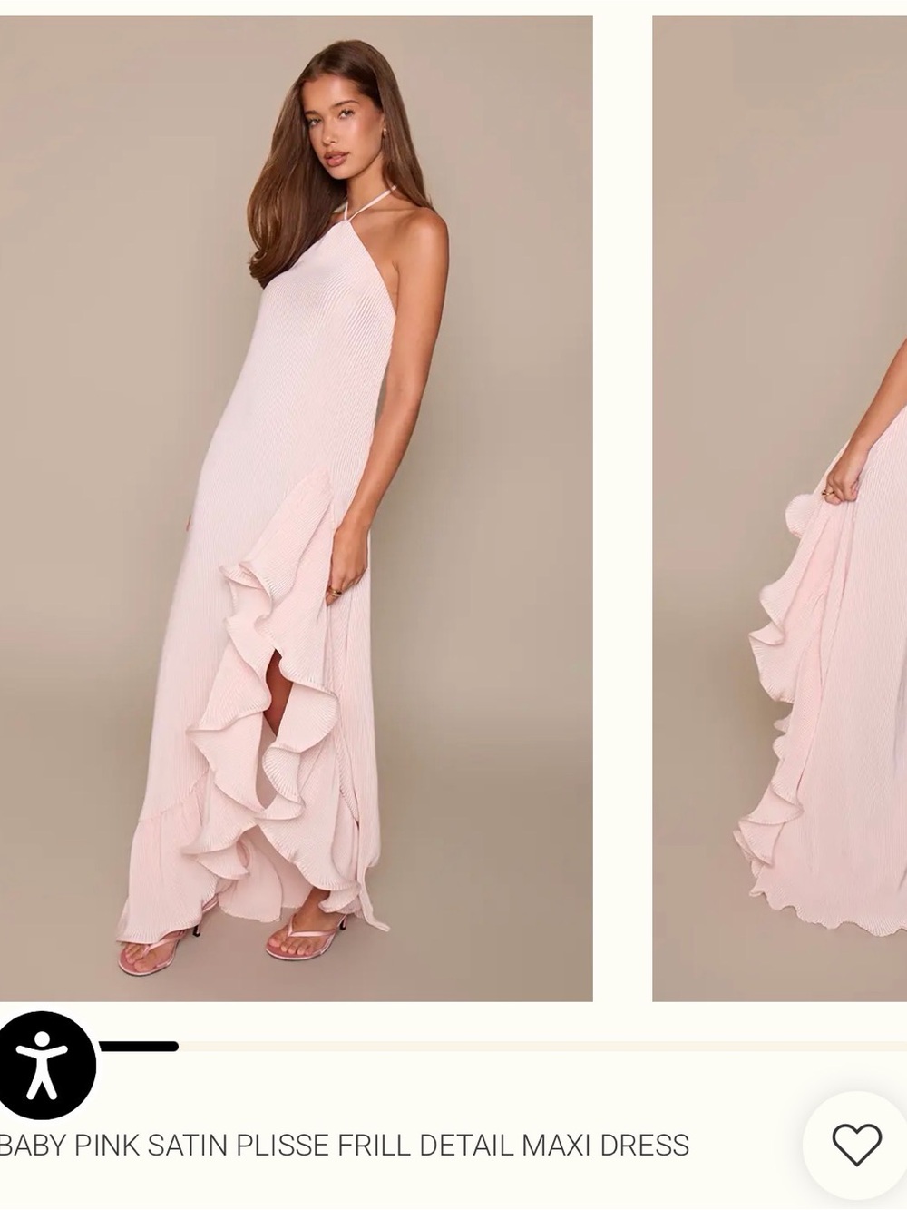Baby Pink Satin Plissรฉ Frill Detail Maxi Dress
